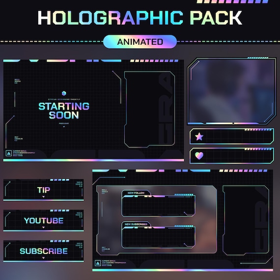 Animated Holographic Twitch Overlay: Iridescent Stream Package (Twitch Alerts, Webcam Overlay, Panels, Scenes, Stinger Transition)