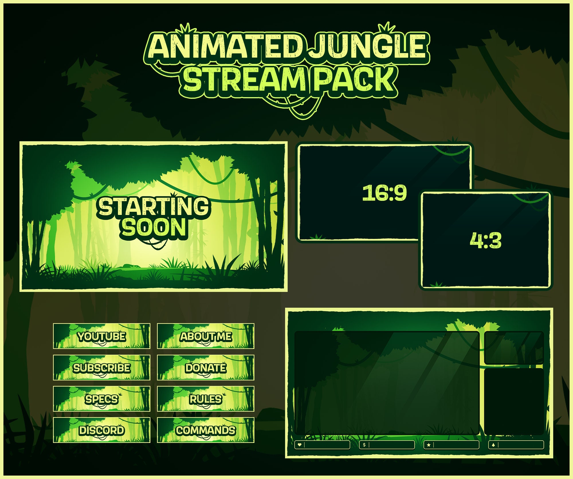 Animated & Static Green Jungle Themed Twitch Package Animated, Static