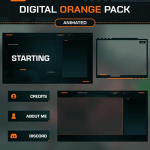 Animated Twitch Overlay Orange, Stream Package Digital Tech, Panels, Twitch Alerts, Scene Transition, Info Overlays, Screens, Webcam Frame