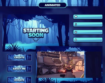 Animated Blue Jungle Stream Overlay Package: Twitch Screens, Alerts, Panels (Digital Download)