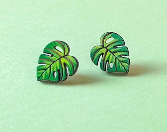 Monstera Leaf Hand-Painted Wood Stud Earrings