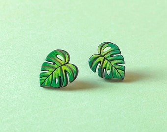 Monstera Leaf Hand-Painted Wood Stud Earrings