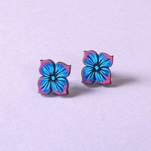 Blue Hydrangea Flower Hand-Painted Wood Stud Earrings