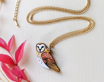 Barn Owl Hand-Painted Wood Cottagecore Necklace