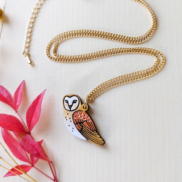 Barn Owl Hand-Painted Wood Cottagecore Necklace