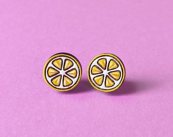 Lemon Slice Hand-Painted Fruit Wood Stud Earrings