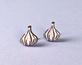 Garlic Hand-Painted Wood Veggie Stud Earrings