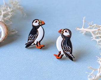 Hand-Painted Atlantic Puffin Wood Stud Earrings