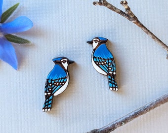 Blue Jay Bird Hand Painted Wood Stud Earrings