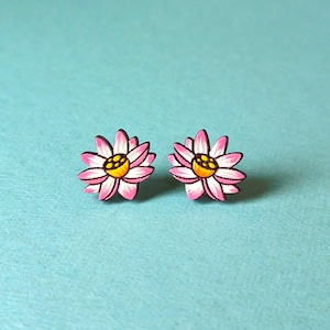 Pink Lotus Flower Hand-Painted Wood Stud Earrings