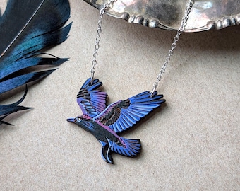 Flying Raven Hand-Painted Wood Necklace