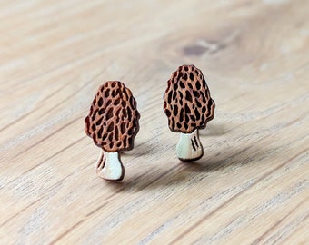 Morel Mushroom Hand-Painted Cottagecore Wood Stud Earrings