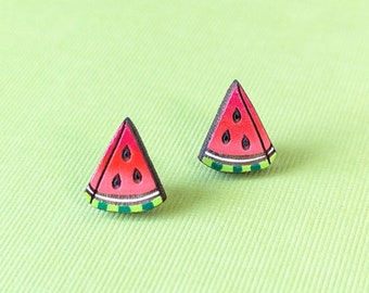 Watermelon Slice Hand-Painted Cottagecore Wood Stud Earrings