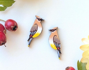 Hand-Painted Cedar Waxwing Wood Bird Stud Earrings
