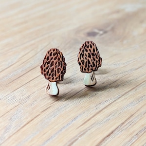 Morel Mushroom Hand-Painted Cottagecore Wood Stud Earrings
