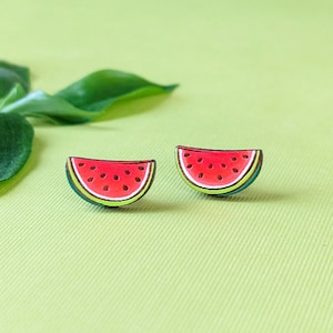 Watermelon Half Slice Hand-Painted Cottagecore Wood Stud Earrings image 1