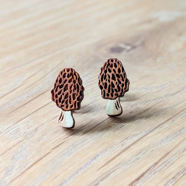 Morel Mushroom Hand-Painted Cottagecore Wood Stud Earrings