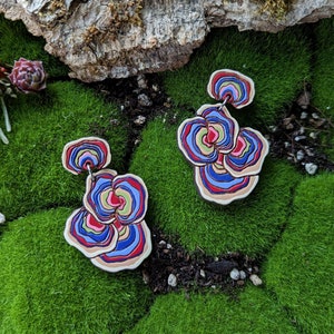 Turkey Tail Mushroom Hand Painted Wood Earrings