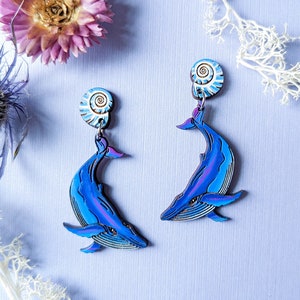 Humpback Whale and Shell Hand-Painted Wood Earrings