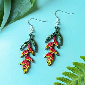 Tropical Heliconia Rostrata Plant Hand Painted Wood Earrings