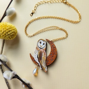 Celestial Owl & Moon Hand-painted Layered Wood Necklace - Etsy