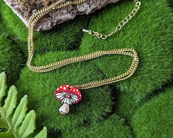 Amanita Mushroom Hand-Painted Cottagecore Wood Necklace