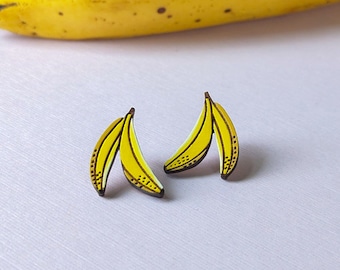 Banana Fruit Hand-Painted Wood Stud Earrings