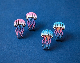 Pastel Jellyfish Hand-Painted Wood Stud Earrings