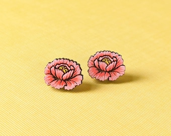 Peony Flower Hand-Painted Cottagecore Wood Stud Earrings