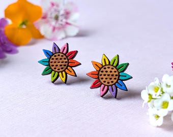 Rainbow Pride Flower | LBGTQ+ Sunflower | Daisy Hand-Painted Wood Stud Earrings