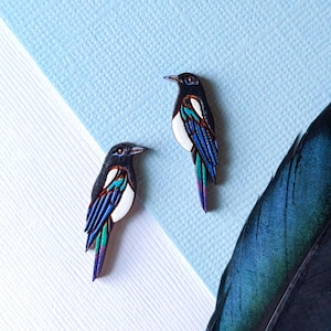 Black-Billed Magpie Bird Hand-Painted Wood Stud Earrings
