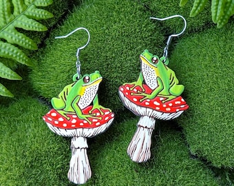 Frog and Mushroom Hand-Painted Wood Earrings