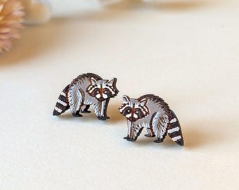 Raccoon Hand-Painted Wood Stud Earrings