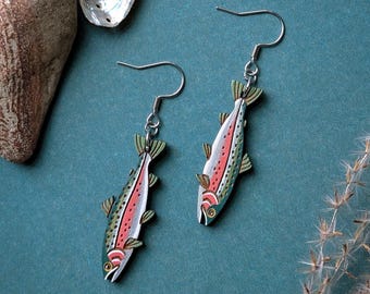 Rainbow Trout Hand-Painted Wood Earrings