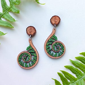 Fiddlehead Fern Spiral Hand-Painted Cottagecore Wood Earrings