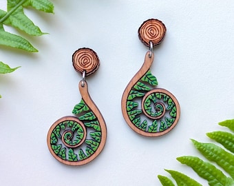 Fiddlehead Fern Spiral Hand-Painted Cottagecore Wood Earrings