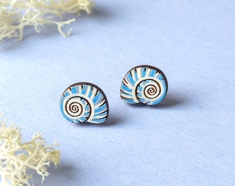 Blue Moon Snail Sea Shell Hand-Painted Wood Stud Earrings