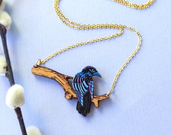 Raven/Crow Branch Hand-Painted Wood Cottagecore Necklace