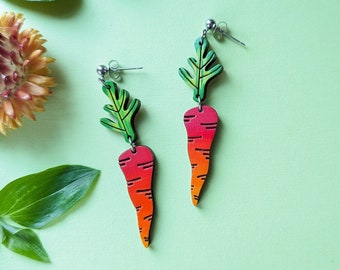 Rainbow Carrot Hand-Painted Cottagecore Wood Veggie Earrings