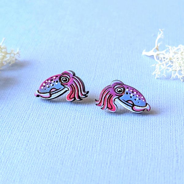Cuttlefish Hand-Painted Wood Stud Earrings