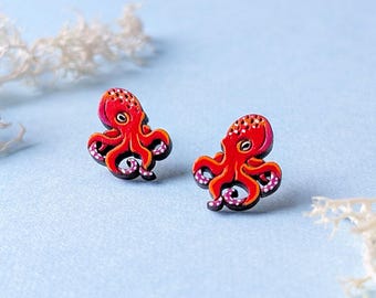 Red Octopus Hand-Painted Wood Stud Earrings