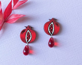 Small Pomegranate Drop Hand-Painted Wood Stud Earrings