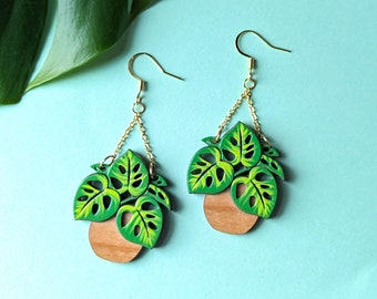 Monstera Hanging Planter Hand-Painted Layered Wood Earrings