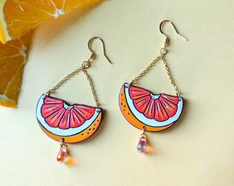 Pink Grapefruit Slice Hand-Painted Cottagecore Wood Earrings