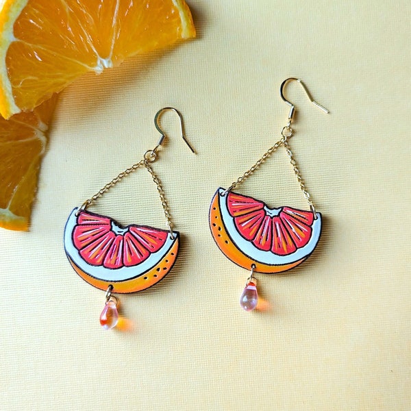 Pink Grapefruit Slice Hand-Painted Cottagecore Wood Earrings