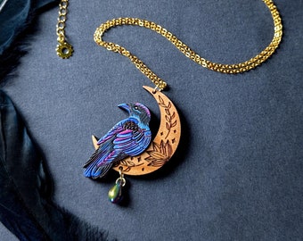 Mystical Raven Moon Hand-Painted Layered Wood Necklace