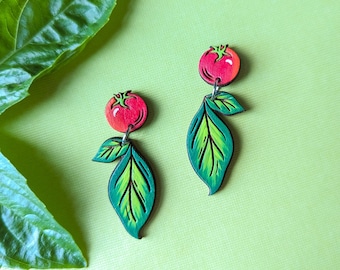 Tomato Basil Veggie Hand-Painted Wood Earrings