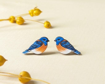Bluebird Hand Painted Cottagecore Wood Stud Earrings