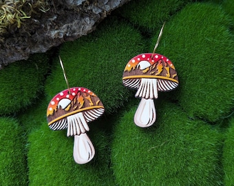 Mountain Moon Mushroom Hand-Painted Cottagecore Wood Earrings