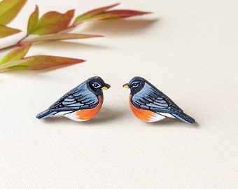 American Robin Bird Hand Painted Cottagecore Wood Stud Earrings